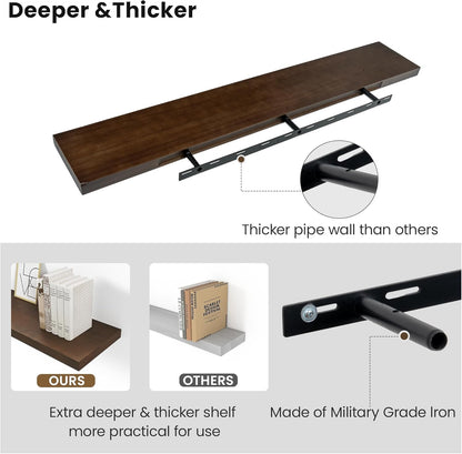 Walnut Floating Shelves for Wall 48 Inch, 8 in Deep Single Wood Shelf Floating Rustic Farmhouse Decor, Heavy Duty Shelf Hold 100 lbs, Wall Shelves for Bathroom Living Room Kitchen Bedroom Office