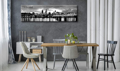 DJSYLIFE-Portland Skyline Canvas Print Modern City Landscape Wall Art USA Skyscraper Black and White Panoramic Night View Painting Office Living Room Home Decor Ready to Hang 13.8"x47.3"