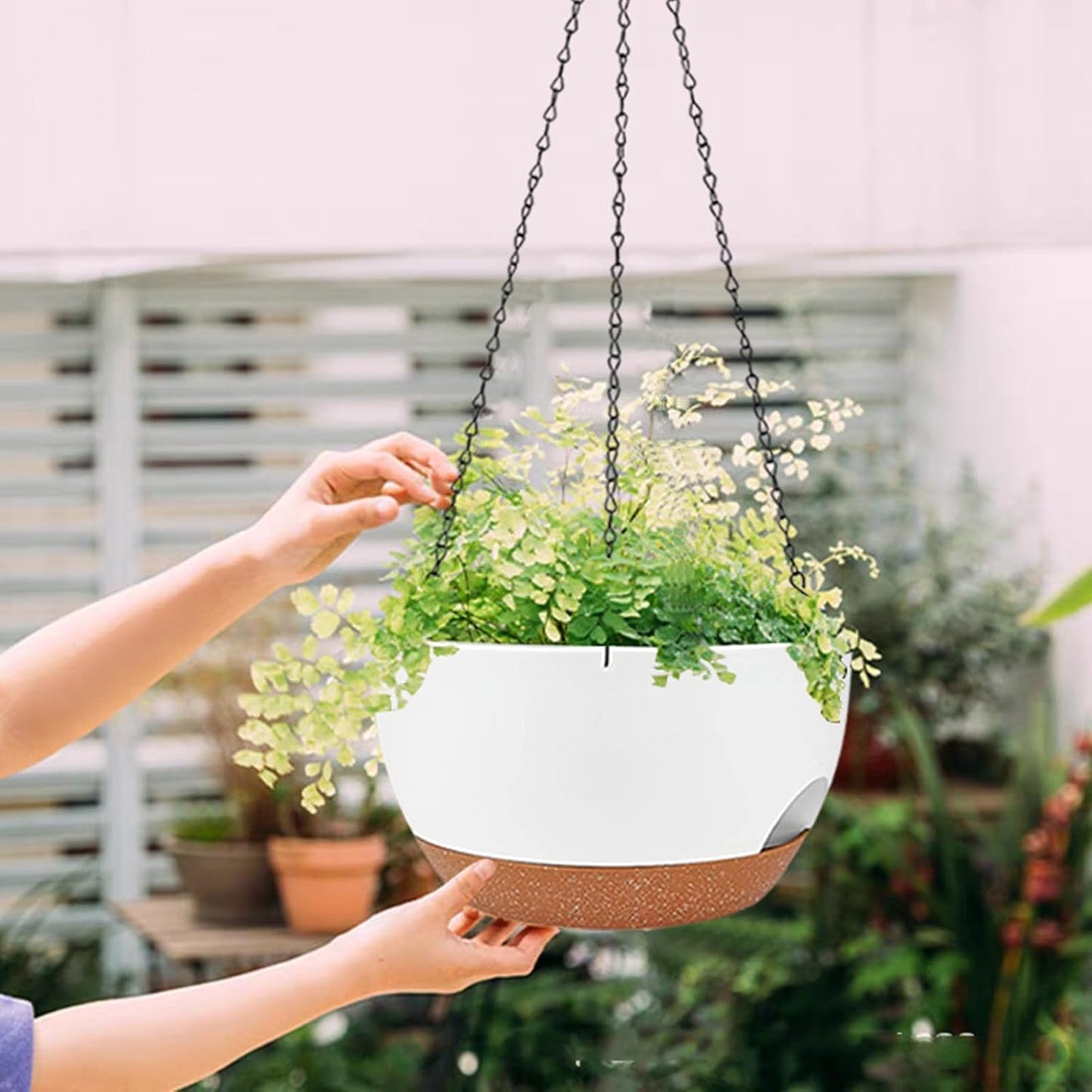 2 Pack Hanging Planters for Indoor Outdoor Plants, 12 Inch Self Watering Hanging Pot with Drainage Holes and Saucer, Plastic Plant Pots, White Brown Flower Pots for Kitchen, Balcony, Garden
