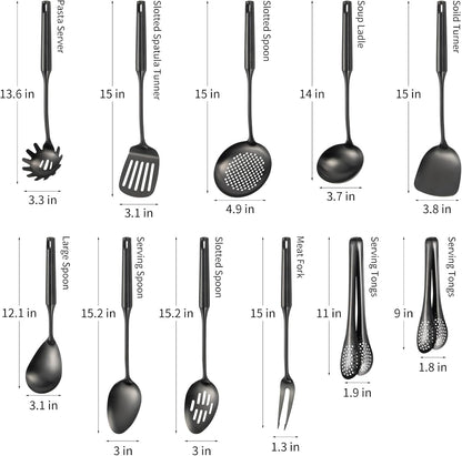304 Stainlss Steel Matte Kitchen Utensils Set, 11 Pcs Long Metal Cooking Utensil Gadgets Tools Set with Spatula, Ladle, Spoon, Ladle, Skimmer, Tunner, Pasta Server, Tongs(Black, Dishwasher Safe)