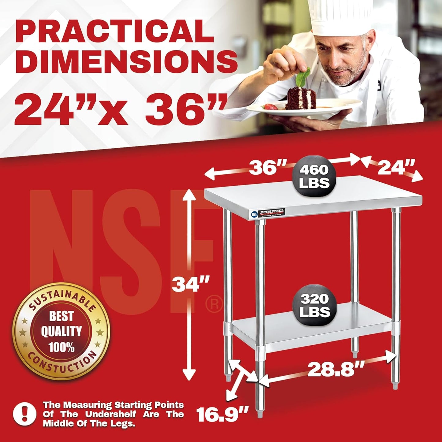 DuraSteel 24x36 Stainless Steel Work Table - NSF Commercial Prep Metal Table - Outdoor Pizza Oven Stand w/Under Shelf - Kitchen Island Laundry Utility Garage Microwave Stand Large Rolling Storage Cart