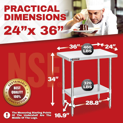 DuraSteel 24x36 Stainless Steel Work Table - NSF Commercial Prep Metal Table - Outdoor Pizza Oven Stand w/Under Shelf - Kitchen Island Laundry Utility Garage Microwave Stand Large Rolling Storage Cart