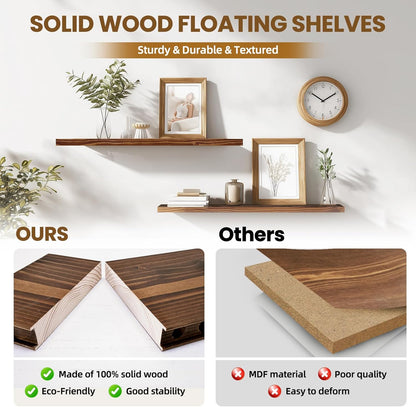 Floating Wall Shelves 2-Pack - 36-Inch Rustic Brown Wooden Shelves for Storage and Décor, Easy Installation for Living Room, Bedroom, and Kitchen