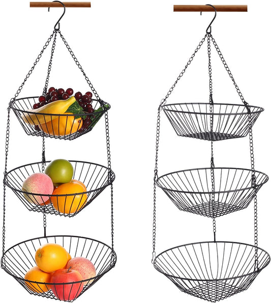 3-Tier Wire Fruit Hanging Basket 2 Packs,non-Punching Wall Hanging Storage,Kitchen Bathroom Organization Basket,Suitable for Bathroom,Kitchen,Closet,Garden,Black