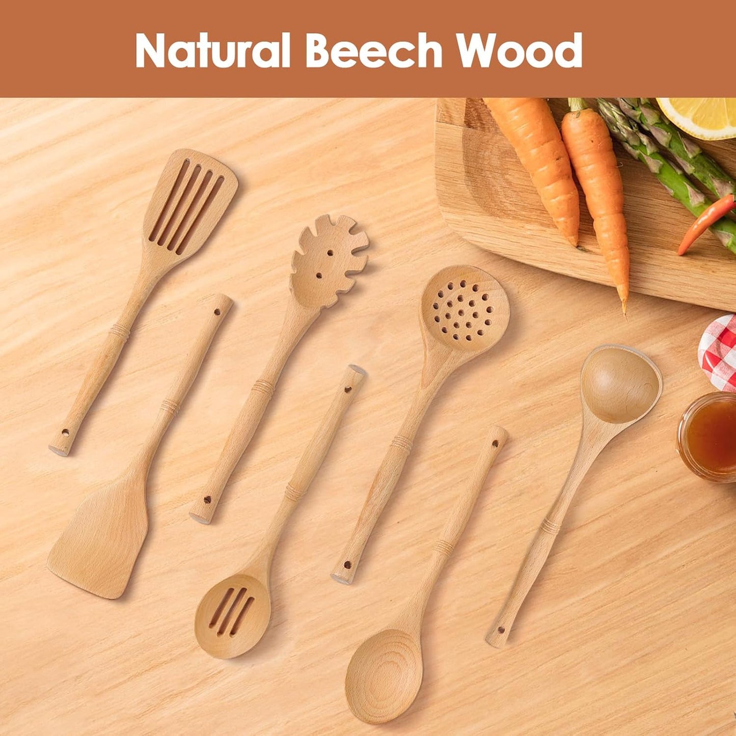 comfoyar Wooden Spoons for Cooking, 7 Pieces Kitchen Cooking Utenails Set with Spatula and Ladle, Heat Resistant Kitchen Cookware for Nonstick Pan-Beech