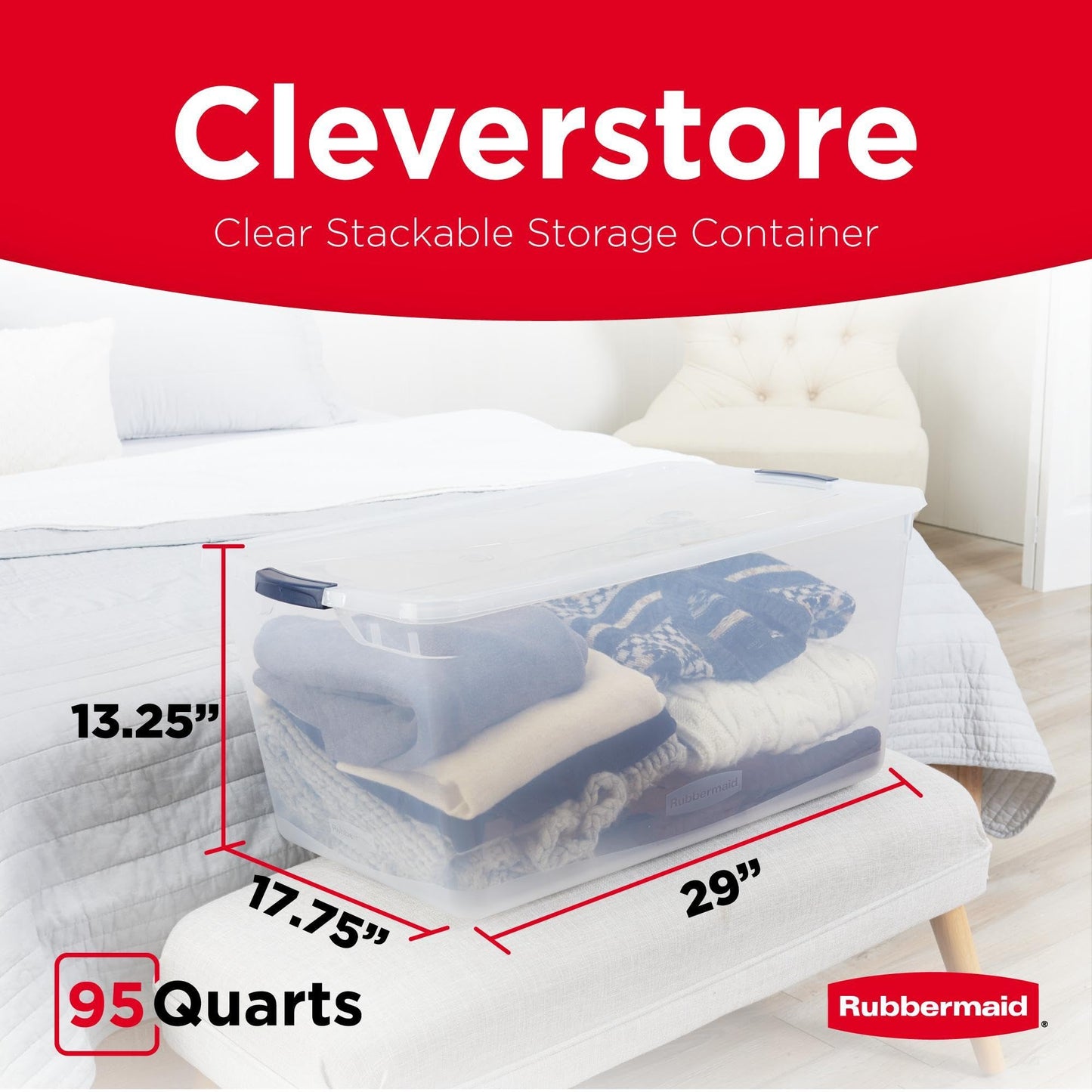 Rubbermaid Cleverstore 95 Qt Clear Storage Bins with Lids, 4-Pack, Stackable, BPA-Free, Made in USA