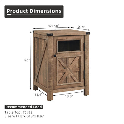 JXQTLINGMU Farmhouse End Table with Charging Station, 18'' Rustic Nightstand with Barn Door & Adjustable Shelf, Wooden Sofa Side Table with 3-Tier Storage for Living Room, Bedroom, Warm Brown