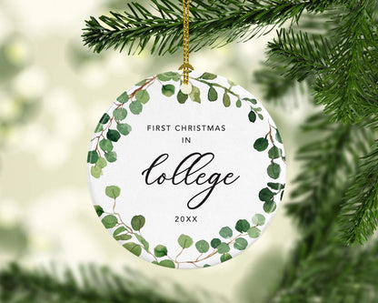 Andaz Press Custom Year Round Ceramic Porcelain Christmas Tree Ornament Keepsake Collectible Gift, First Christmas in College 2025, Farmhouse Eucalyptus Wreath, 1-PackGraduation Gift Ideas