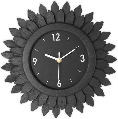 Honiway Wall Clock Battery Operated 12 Inch Rustic Wooden Boho Sunburst Decorative Wall Clock Silent Non-Ticking Black Wall Decor Clocks for Living Room Kitchen Bathroom Bedroom (Black)