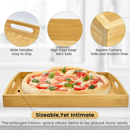 Larger Bamboo Serving Tray with Handles - Decorative Wooden Trays for Eating, Working, and Storing, Suitable for Use in Bedroom, Living Room, Kitchen, Bathroom, Outdoor Scenarios and More