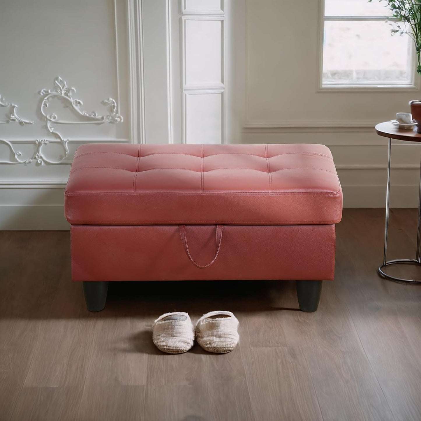 Ottoman Rectangular Storage Ottoman Bench, Faux Leather Footrest, Coffee Table, Stool Footstool with Hinged Lid for Living Room, Bedroom, Entryway, Red, 35"x23.5"x17.5"