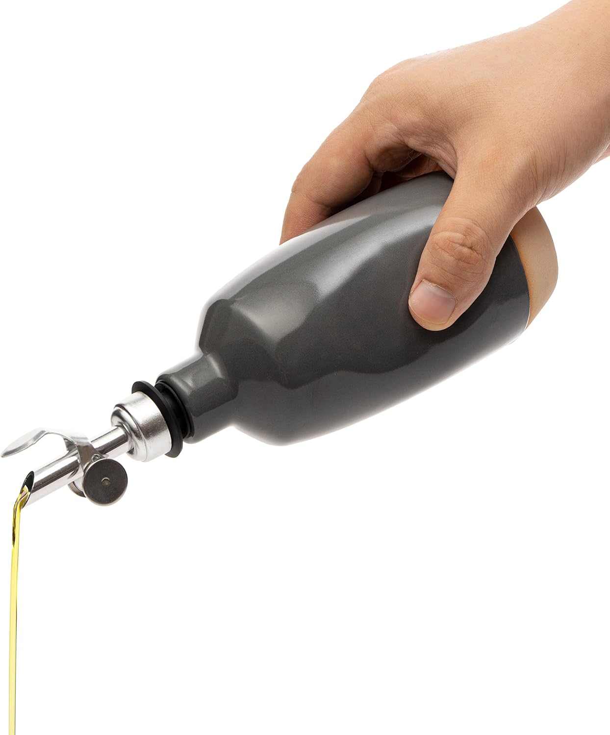 Olive Oil Dispenser Bottle Stoneware Ceramic, Cruet Protects to Reduce Oxidation, Suitable For Storage Of Oil, Vinegar, Coffee Syrups & Other Liquids - Stainless Steel Spout 14Oz
