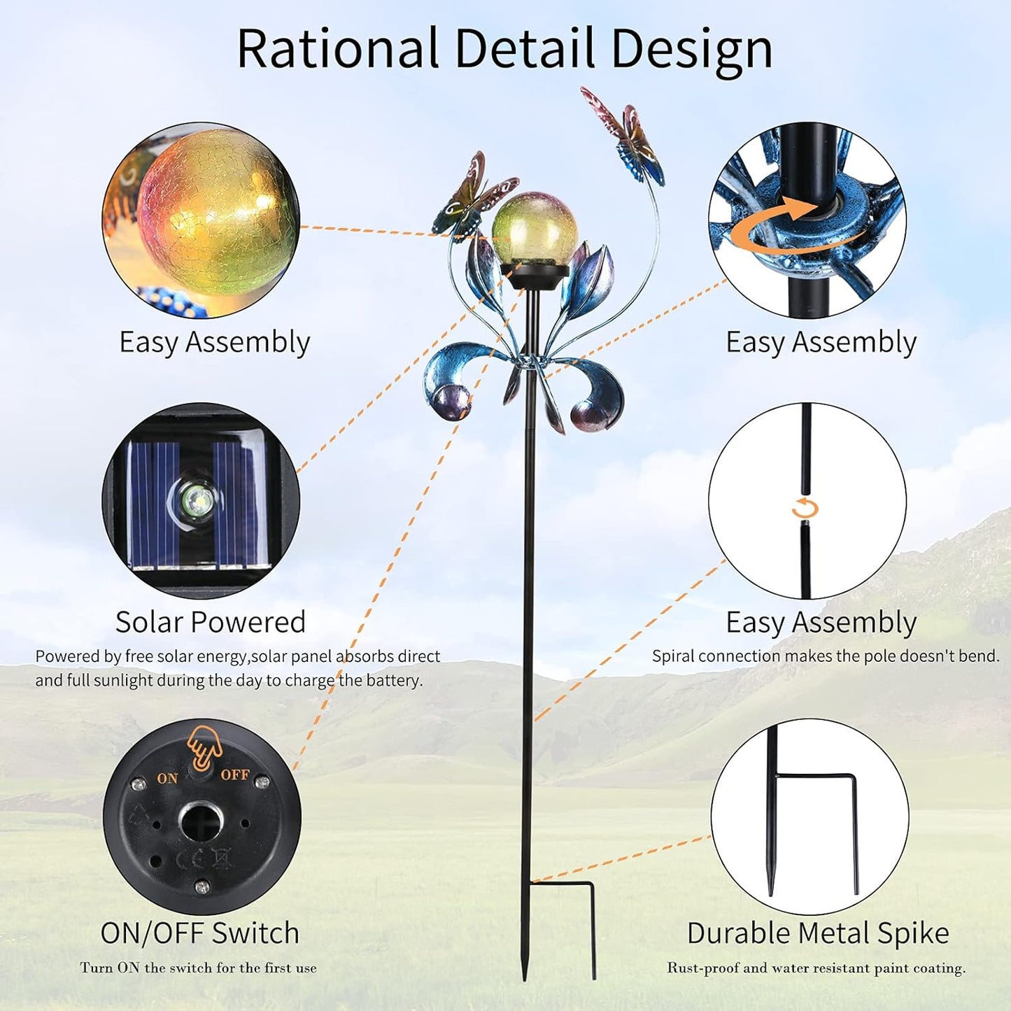 VCUTEKA Solar Lights Outdoor Metal Garden Stake Waterproof Crackle Glass Globe Garden Decor Butterfly for Pathway, Lawn, Patio, Yard