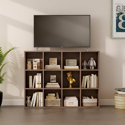 12-Cube Storage Shelf Bookcase - Wooden 3-Tier Floor Standing Open Bookshelf for Home and Office, Cuby Orgainzer, Walnut