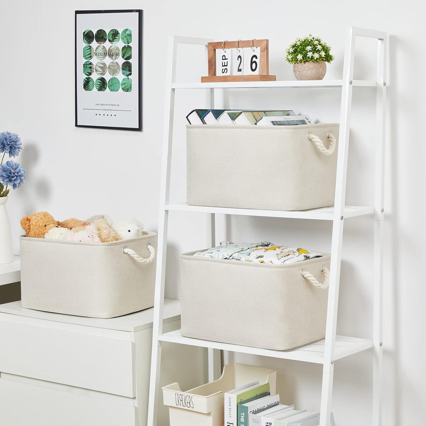 Bidtakay Baskets Collapsible Large Toy Storage Baskets for Organizing Set of 3 Closet Organizer Linen Cream Storage Bins 15 X 11 X 9.5 Inch Shelf Organizer Bins for Nursery Storage (Light Beige)