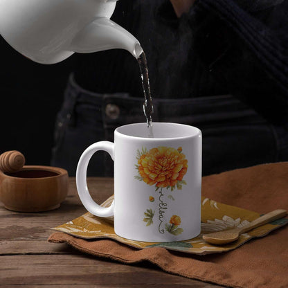 Unique Marigold Themed Ceramic Mug, Personalized Name Flower Accent Cup, Lovely Floral Coffee Mug 11oz 15oz, Custom Ceramic Mug For Flower Lover, Customized Marigold Decorative Cup