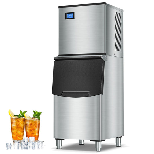 Large Commercial Ice Maker Machine: 500lbs/24H Production, with 350lbs Ice Storage Bucket, 156 Ice Cubes in 6-15 Mins - Stainless Steel Industrial Ice Maker for Restaurant, Bar, Cafe, Commercial Use