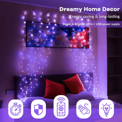 HXWEIYE 300LED Purple Fairy Curtain Hanging Lights with Remote 8 Modes Timer for Bedroom, 9.8x9.8Ft USB Plug in Christmas Fairy String Lights for Outdoor, Weddings, Party, Garden, Wall, Decorations