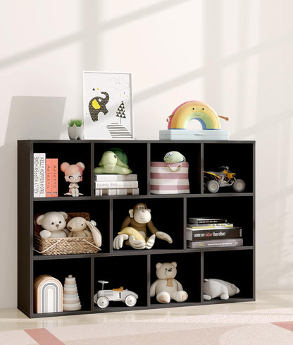 11 Cube Kids Toy Storage Organizer with Kids Shelf, Baby Bookshelf for Nursery, 3-Tier Children Wooden Bookcase, Storage Bookshelf for Classroom, Playroom, Kindergarten, Black