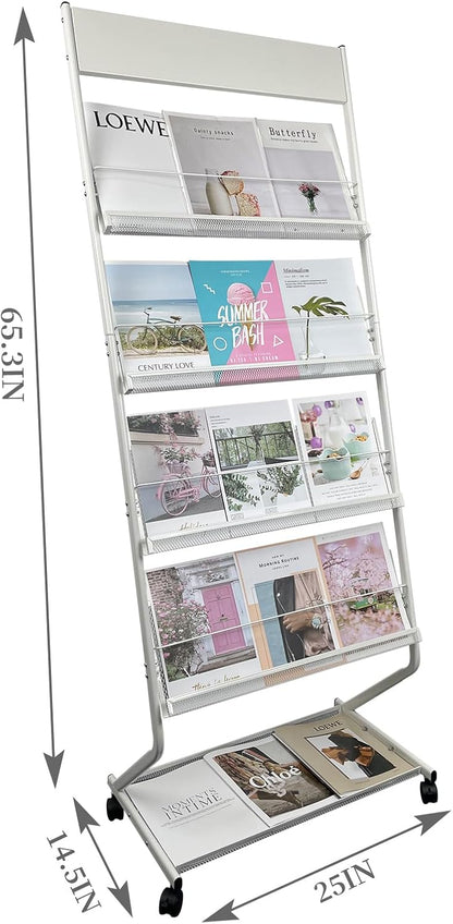 tongmo Floor-Standing Magazine Rack 4-Layer with Wheels, Brochure Display Stand, High-hardness metal for Exhibitions, Office, and Any Organization Requiring Information Display (White)