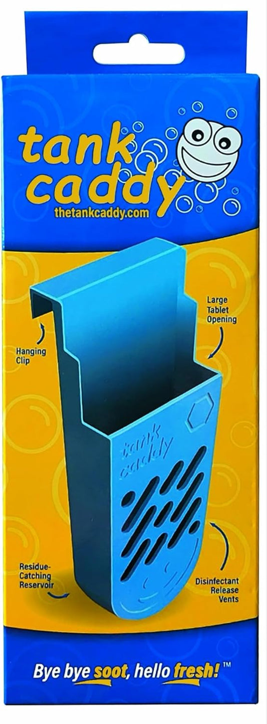 The Tank Caddy is a carrier that hangs inside your toilet tank, while trapping the soot that
