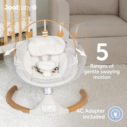 Jool Baby Nova Swing for Newborns - Electric Motorized Infant Swing, Bluetooth Music, 10 Preset Melodies, Remote (2025 Model) (Wood/Oatmeal)