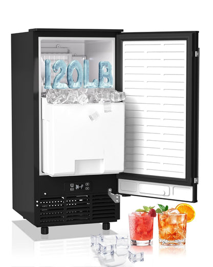Commercial Ice Maker Machine Reversible Door 120LBS/Day, Undercounter Ice Makers 30LBS Storage Bin and 40 Ice Cubes, Icemaker Machine Brushed Metal with Water Line, Ice Scoop