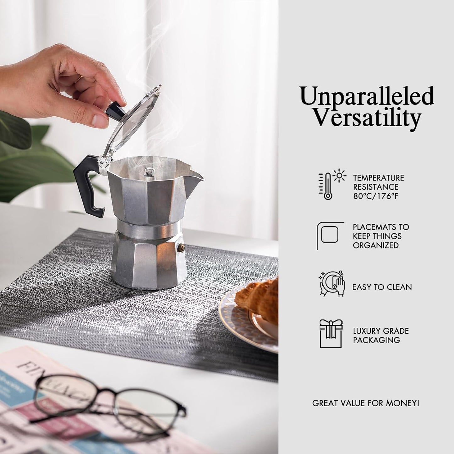 Placemats Set of 6 - Easy Clean Woven Vinyl Placemat for Dining Table, Indoor/Outdoor Place Mats, Washable PVC Table Mats（Gray）