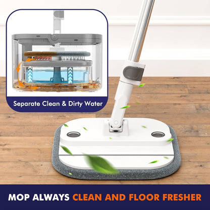 Upgraded Spin Mop and Bucket Self-Standing Mop Bucket Separate Dirty and Clean Water System Self Wringing 360° Rotating Clean Mop and Bucket Set (Light Gray, 10Pads Mop and Bucket Set)