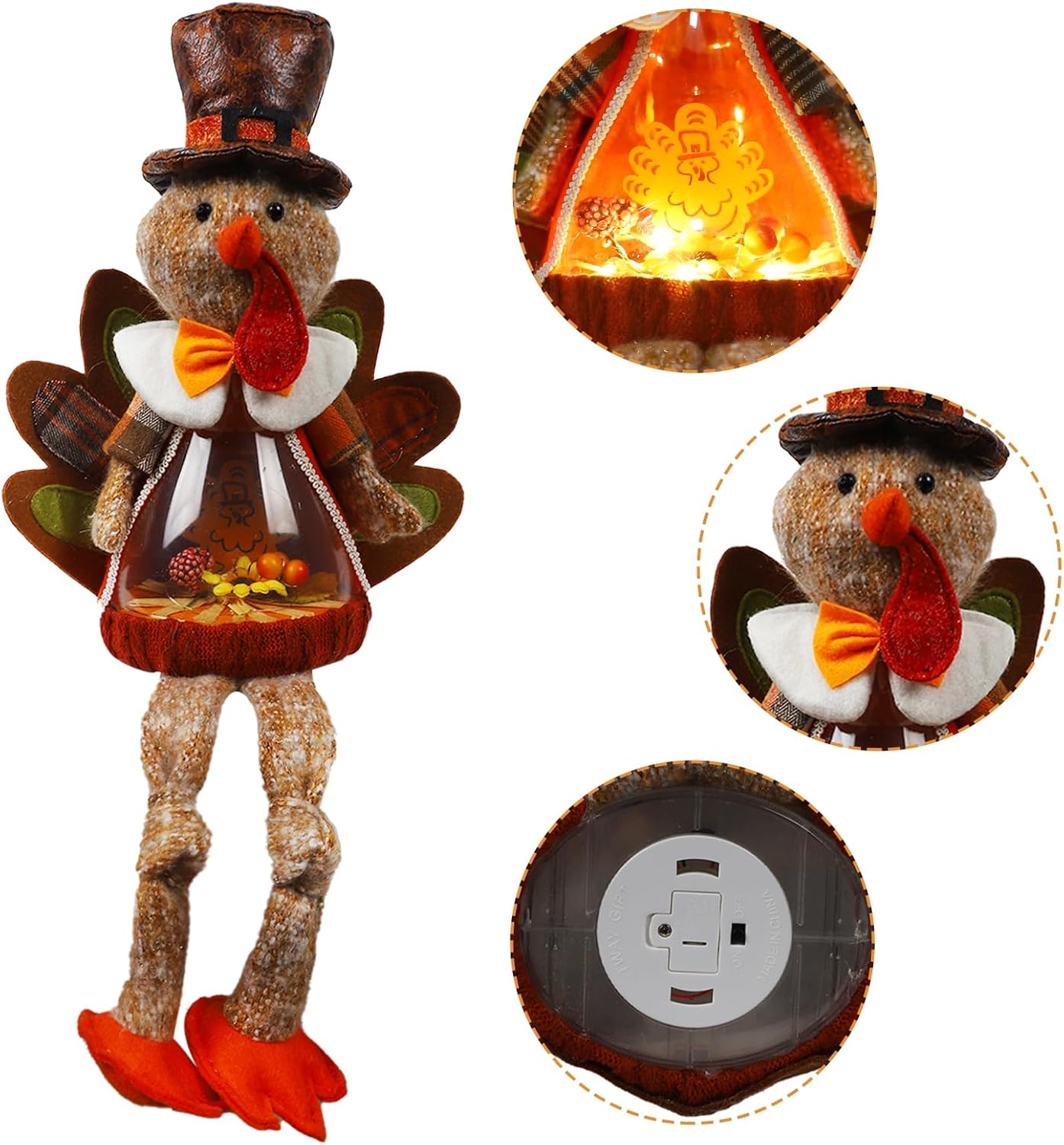 Lighted Christmas Doll, Plush Light Up Christmas Doll Toy Holiday Present, Battery Operated Xmas Gifts Winter Mantle Tabletop Decor (Brown Thanksgiving Turkey 16in)