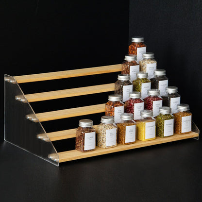 nianfeng Tiered Spice Rack, 5-Tier Spice Pantry Kitchen Cabinet Organizer, 19.9-Inch, Natural Wood Acrylic Stair Riser Stand, Countertop Seasoning Shelf