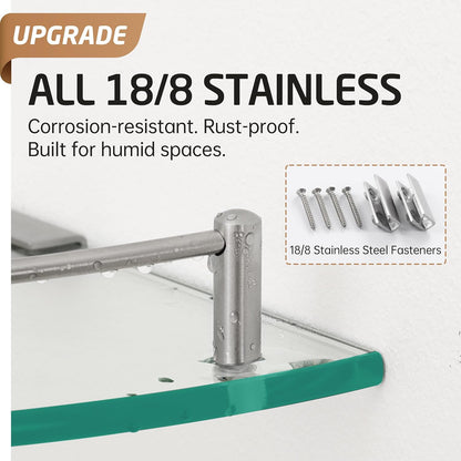 KES Glass Corner Shelf for Bathroom Corner Shelf 2 Pack Tempered Glass Shelf with Rail SUS 304 Stainless Steel Wall Mounted Brushed Finish, BGS2101A-2-P2
