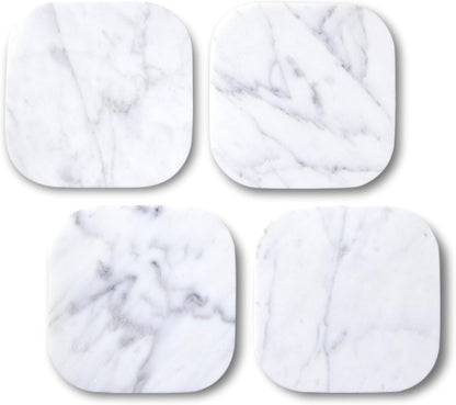 𝐋𝐮𝐱𝐮𝐫𝐲 𝐈𝐭𝐚𝐥𝐢𝐚𝐧 100% Marble Tile Coasters – Set of 4 – Square Modern Bar Coasters for Drinks, Coffee –Stone Holder for Home Décor, Housewarming Gifts (Carrara White)