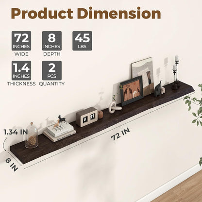 Axeman 72 inch Extra Long Floating Shelves for Wall - 8'' D Live Edge Rustic Solid Elm Wood Floating Shelves Wall Mounted, Wall Shelves with Invisible Bracket for Living Room Bedroom Kitchen, Walnut