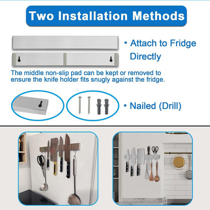 16 Inch Magnetic Knife Holder for Refrigerator - Knife Magnetic Strip for Fridge with Magnetic Hooks - Double Sided Magnetic Knife Bar - Stainless Steel Kitchen Magnetic Knife Hanger Rack
