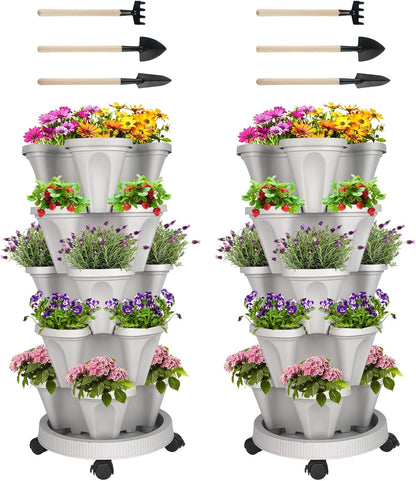 Vertical Planter 5 Tier Stackable Planters Garden Planters Strawberry Herb Flower and Vegetable Planter Indoor Outdoor Gardening Pots with Removable Wheels and Tools 2-Pack