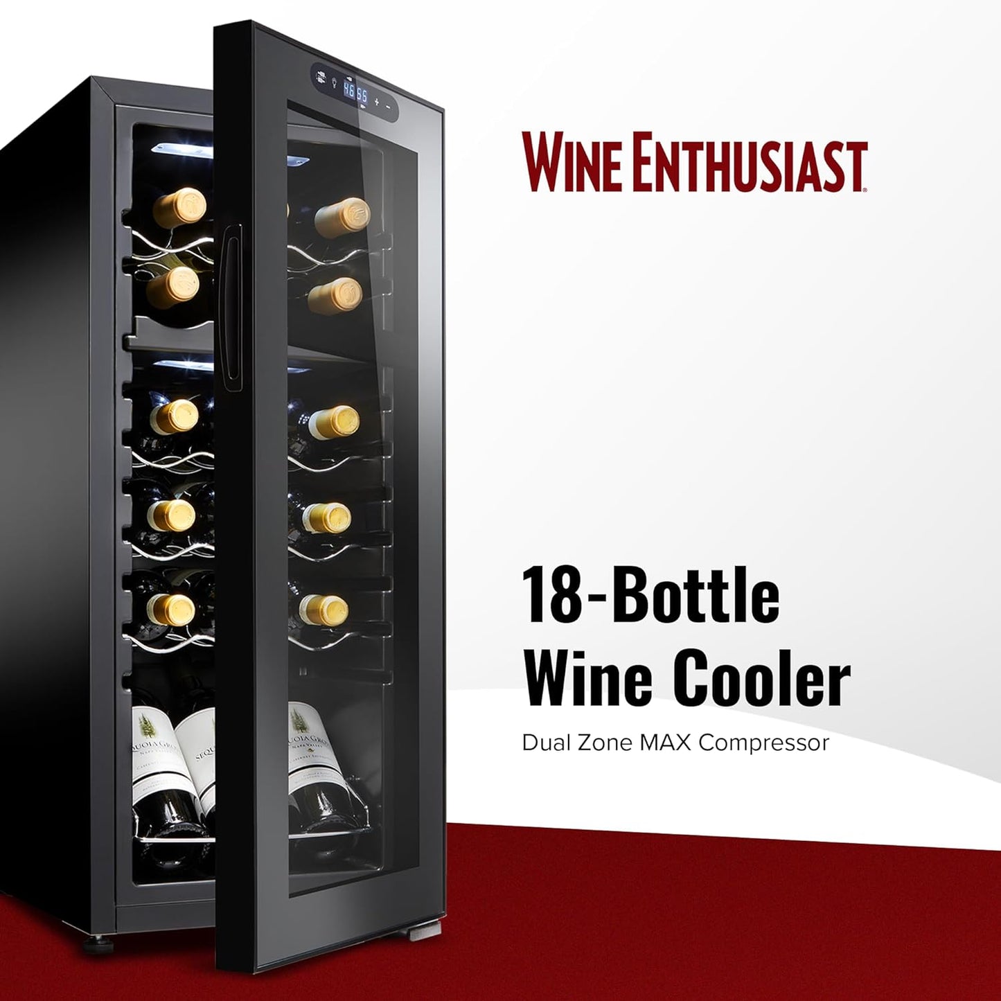 Wine Enthusiast 18-Bottle Dual Zone MAX Compressor Wine Cooler – Freestanding Beverage Refrigerator, Mini Fridge with Digital Touchscreen, Split Storage, Energy-Efficient Cooling, and LED Display