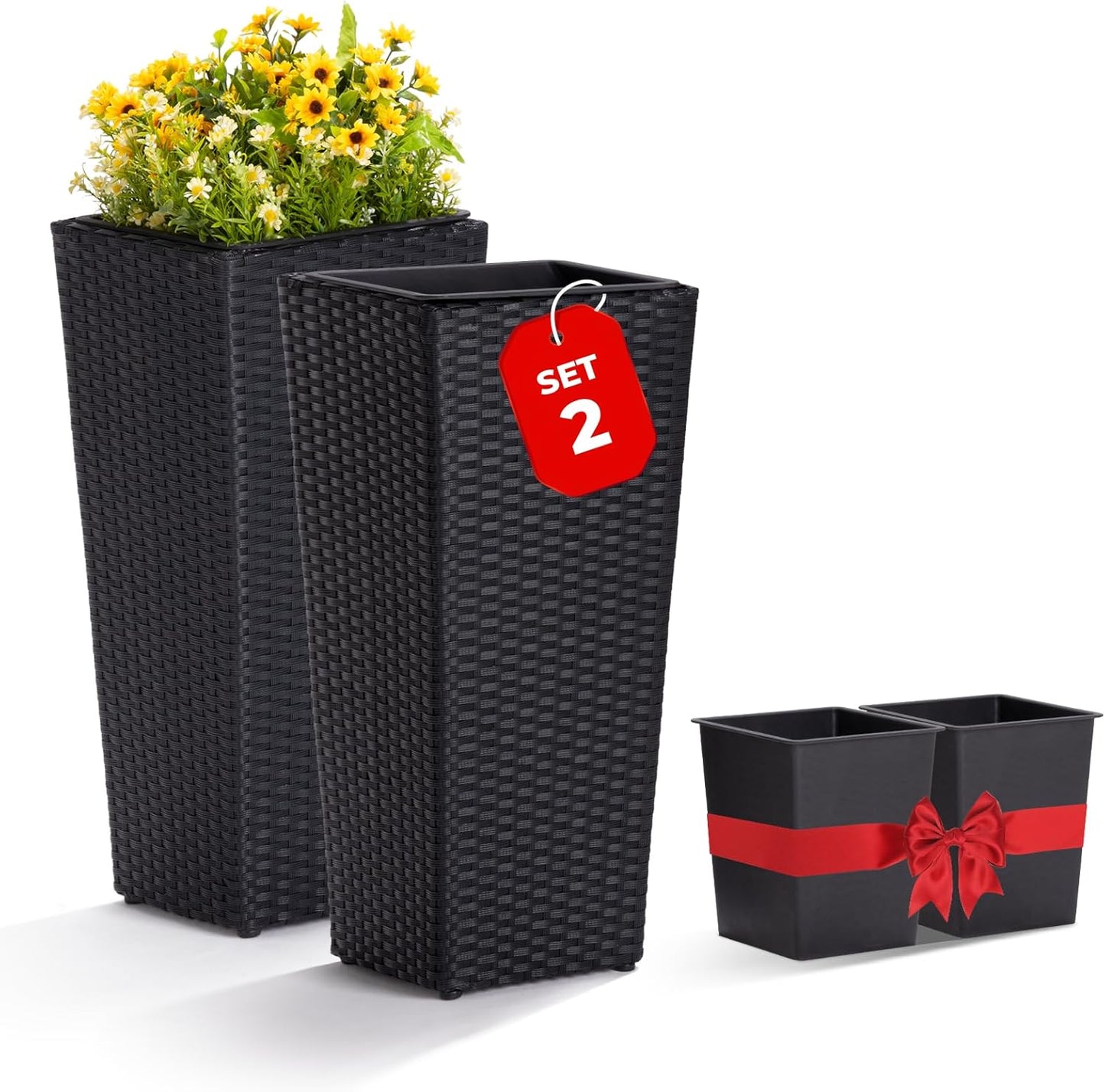 IDZO Wicker All-Weather Planter Set with Liners Tall Plant Decor Box for Outdoors Patio Herb Garden Furnishings - Rectangular Mocha