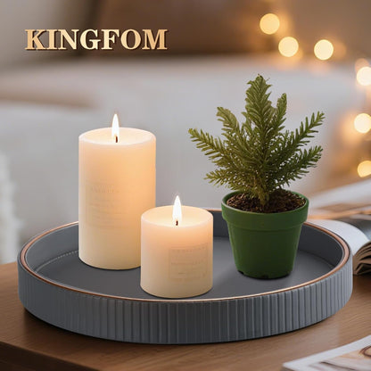 KINGFOM Decorative Serving Tray, PU Leather Valet Nightstand Desk Organizer for Men Women, Round Tray Decor for Coffee Table/Home Decor, Modern Decorative, Centerpiece (Gray)