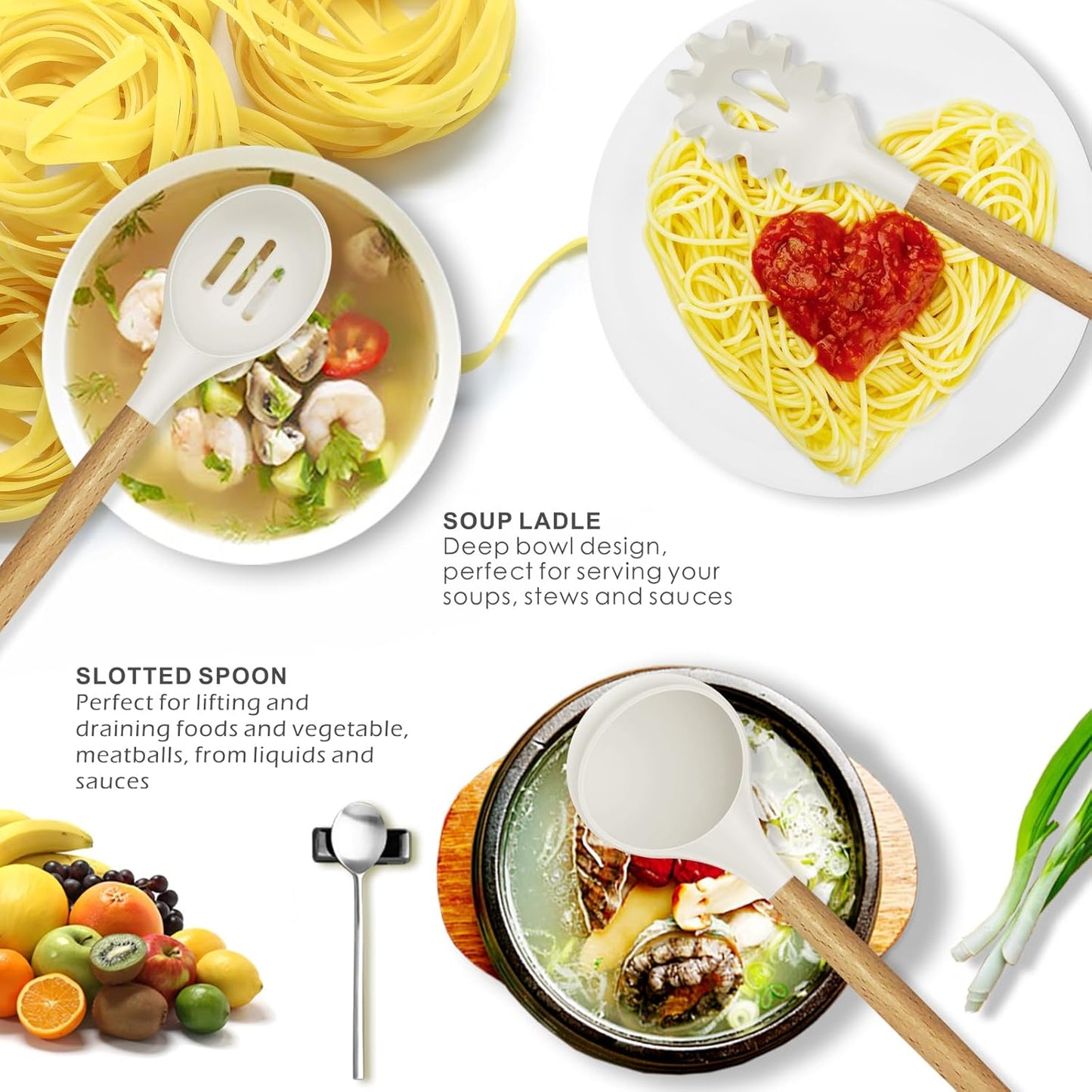 Silicone Cooking Utensils Set - 446°F Heat Resistant Silicone Kitchen Utensils for Cooking,Kitchen Utensil Spatula Set w Wooden Handles and Holder for Non-Stick Cookware, BPA FREE (Cream White)