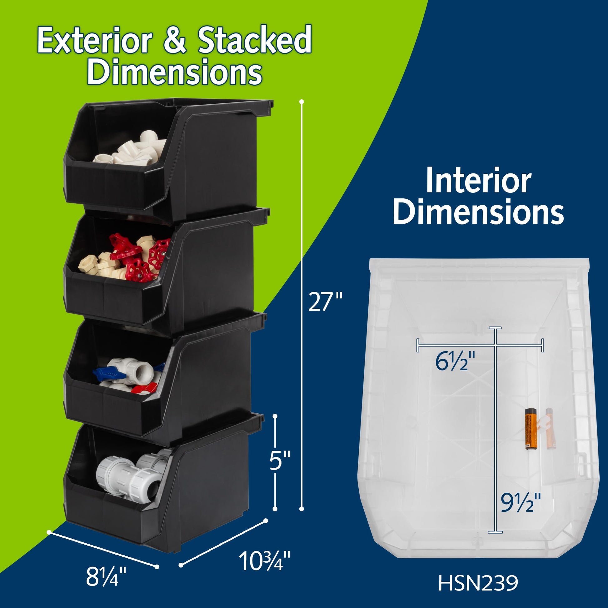 ReadySpace Medium-Tall Stackable Plastic Storage Bins, 4-Pack, Black