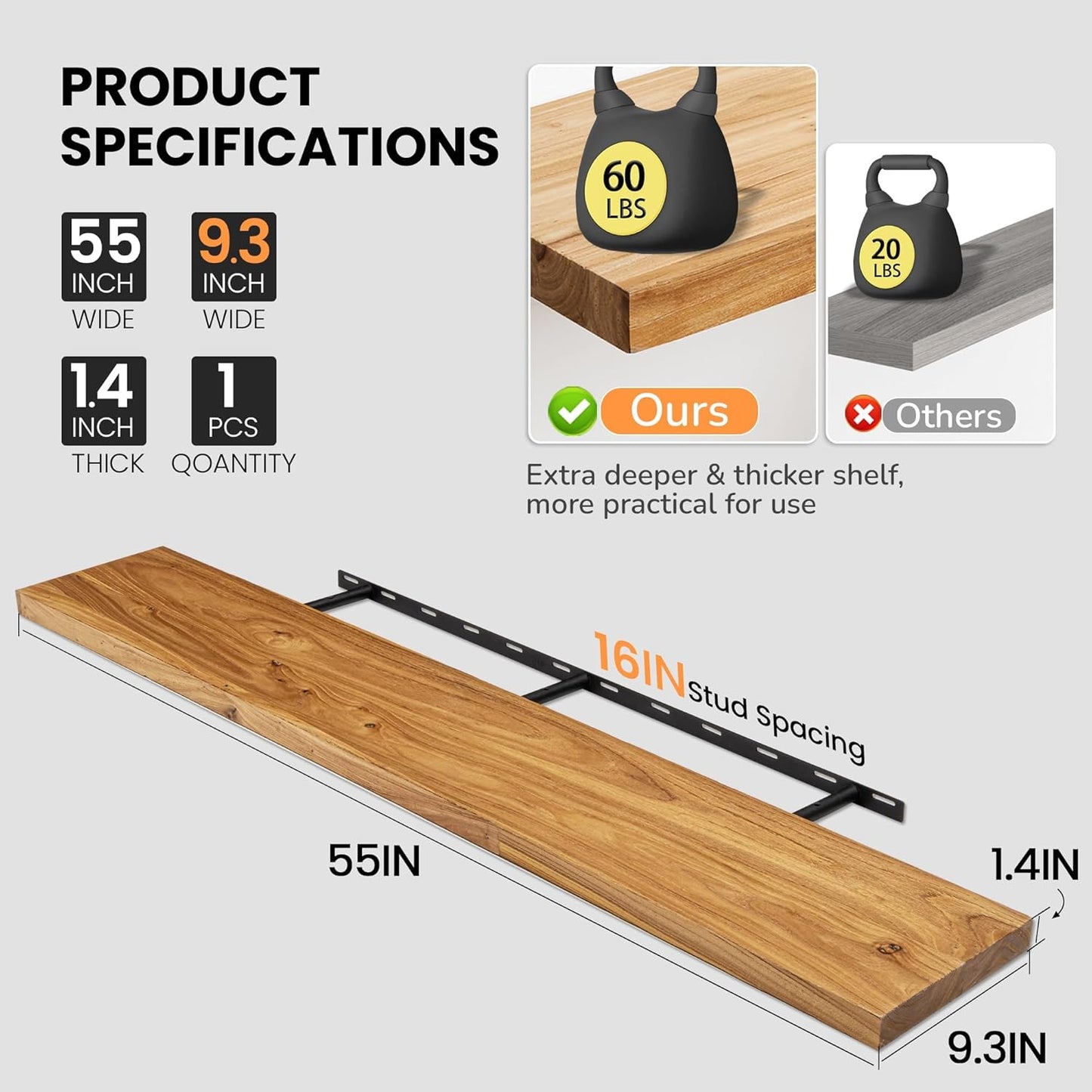 Fun Memories Floating Shelves for Wall, 55"x9.3" Rustic Solid Elm Wood Shelves, Heavy-Duty Wall Mounted Shelves with Invisible Brackets for Living Room, Bedroom, Kitchen, Natural Finish