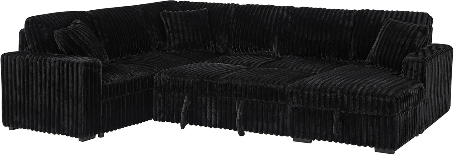 THSUPER 122-Inch Oversized U Shaped Plush Corduroy Fluffy Sectional Sleeper Sofa with Pull Out Bed, Storage Chaise Lounge and USB Charging Port - Black