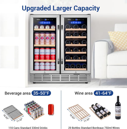 Wine and Beverage Refrigerator 30 Inch, Upgrade Dual Zone Wine Cooler, 30'' Wine beverage Fridge Built in or Freestanding Under Counter Large Capacity Glass Door Advanced Cooling System