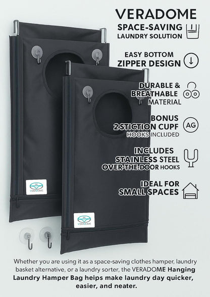 Hanging Laundry Hamper Bag – Space-Saving Dirty Clothes Storage with Free Adjustable Stainless Steel Over-the-Door Hooks & Suction Cup Hooks – Ideal for bathrooms, bedrooms & dorms (2, Gray)