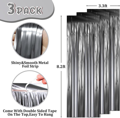 3 Pack 3.3 x 8.2 ft Matte Black Foil Fringe Backdrop Curtains,Gray Tinsel Streamers Party Decorations, Fringe Backdrop, Door Shimmer for New Years, Halloween, Black Theme Party