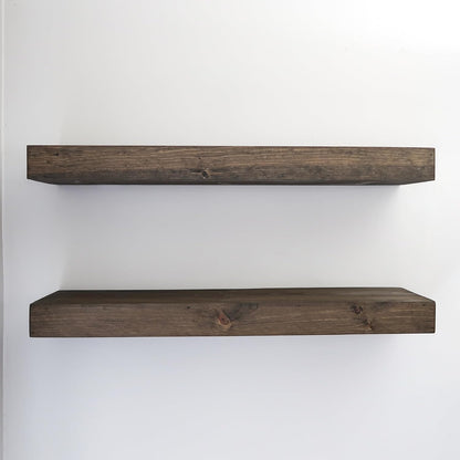Modern Floating Shelves 3 Inches Thick for Wall, Wide Shelves for Kitchen, Living Room, Bedroom, and Bathroom, Natural Pine Wood, Rustic Wooden Shelf, (Set of 2) (Jacobean, 36Lx3Hx8D)