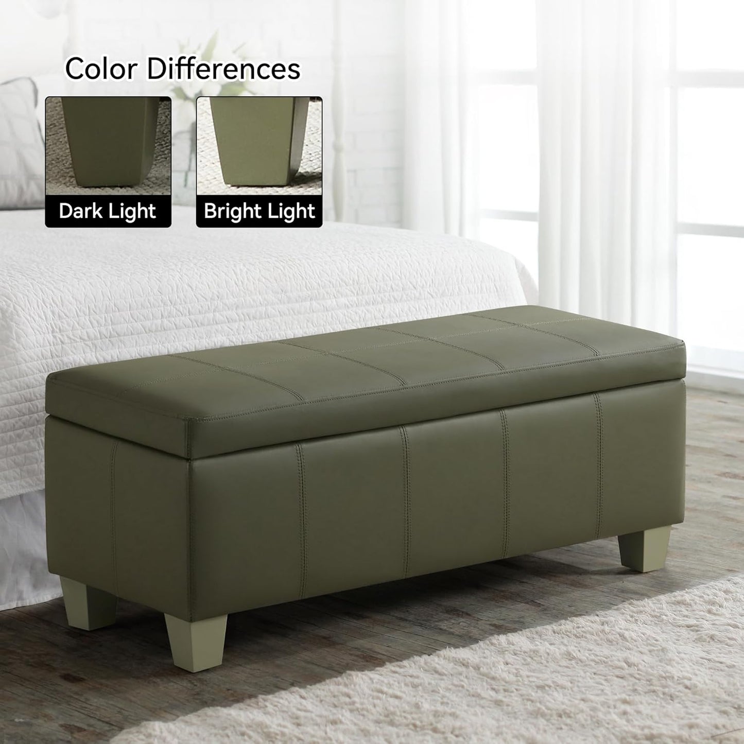 41" Faux Leather Storage Ottoman, Stitch Tufted Rectangle Upholstered End of Bed Storage Bench, Entryway Large Couch Ottoman with Wooden Legs,Green