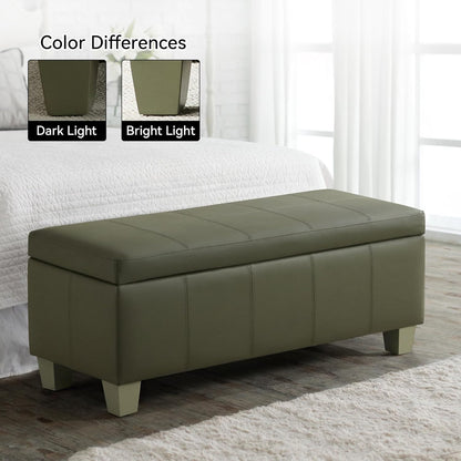 41" Faux Leather Storage Ottoman, Stitch Tufted Rectangle Upholstered End of Bed Storage Bench, Entryway Large Couch Ottoman with Wooden Legs,Green