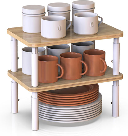 Cabinet Organizer Shelf, Spice Rack Set of 2 Kitchen Pantry Cupboard Shelves, Stackable, Height Adjustable, Natural Bamboo (11.7" W)